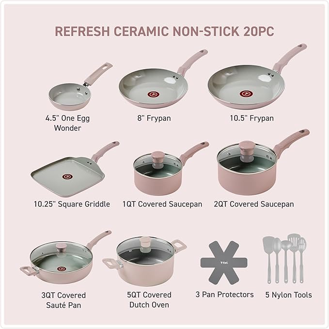 T-Fal Refresh Ceramic Pots and Pans Set, Nonstick Cookware, 20-Piece, Oven Safe to 350°F, Ceramic Cookware Set, Stockpot, Griddle, Frying Pans, Utensils, Dusty Rose - Image 2