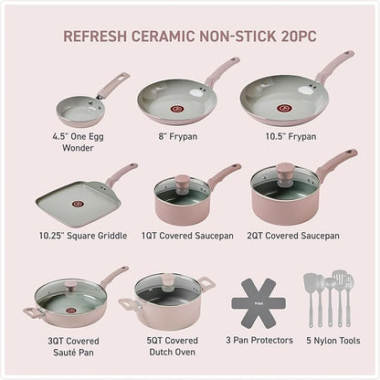 T-Fal Refresh Ceramic Pots and Pans Set, Nonstick Cookware, 20-Piece, Oven Safe to 350°F, Ceramic Cookware Set, Stockpot, Griddle, Frying Pans, Utensils, Dusty Rose - Image 2
