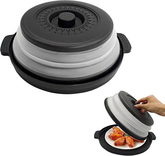 Microwave Food Cover With Handle - Collapsible And Vented Silicone Splash Guard With Tray - For Microwave Food Heating-Splash Guard Can Be Used As a Draining Basket For Washing Vegetables (Black)
