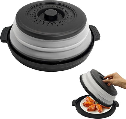 Microwave Food Cover With Handle - Collapsible And Vented Silicone Splash Guard With Tray - For Microwave Food Heating-Splash Guard Can Be Used As a Draining Basket For Washing Vegetables (Black)