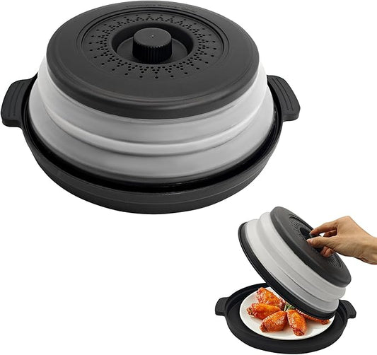 Microwave Food Cover With Handle - Collapsible And Vented Silicone Splash Guard With Tray - For Microwave Food Heating-Splash Guard Can Be Used As a Draining Basket For Washing Vegetables (Black)