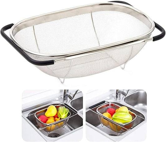 Over The Sink Stainless Steel Oval Colander with Expandable Rubber Grip Handles Strainers, Fine Mesh Strainer Basket Kitchen 6 Quarts Colander for Strain, Drain, Rinse Fruits, Vegetables by Unknown