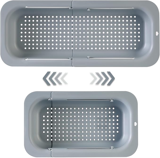 Extendable Sink Colander Strainer Basket - Wash Vegetables and Fruits, Drain Cooked Pasta and Dry Dishes - Adjustable Over the Sink Colander Collapsible Drainer Basket -Gray