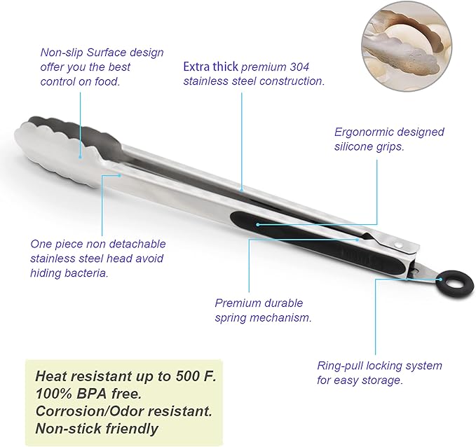 304 Stainless Steel Kitchen Cooking Tongs, 9" and 12" Set of 2 Sturdy Grilling Barbeque Brushed Locking Food Tongs with Ergonomic Grip, Black (Pack of 2) - Image 5