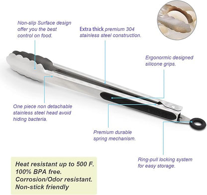 304 Stainless Steel Kitchen Cooking Tongs, 14" and 16" Set of 2 Sturdy Grilling Barbeque Brushed Locking Food Tongs with Ergonomic Grip, Black - Image 5