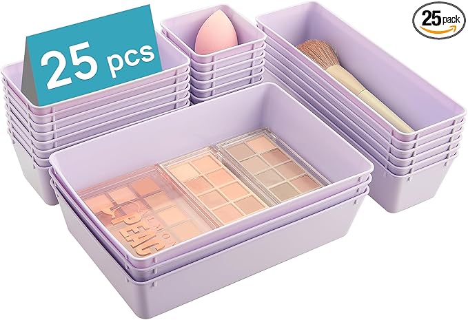 Vtopmart 25 PCS Plastic Drawer Organizers Set, 4-Size Versatile Bathroom and Vanity Drawer Organizer Trays, Storage Bins for Makeup, Bedroom, Kitchen Gadgets Utensils and Office by Vtopmart