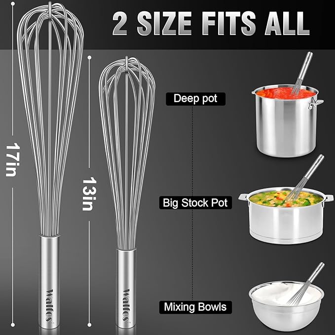 Walfos Whisks Large Whisk Set of 2, Heavy Duty Stainless Steel Wire Whisk Ideal For Beating Eggs, Mixing Batter & Blending Sauces.（13in+17in) - Image 5