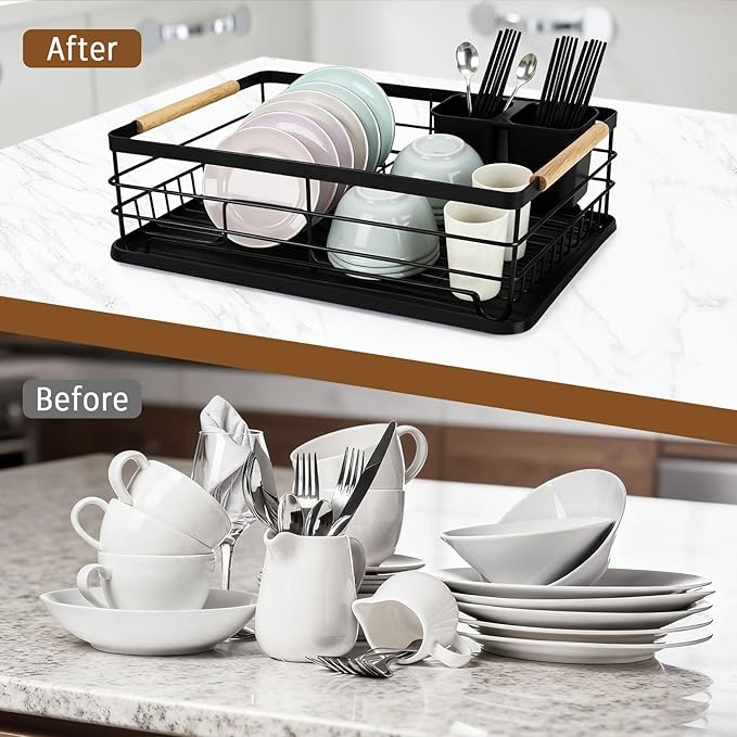 Dish Racks for Kitchen Counter, Thickened Metal Dish Drying Rack with Wooden Handles, Kitchen Countertop Organizer for Dishes, Spoons and Forks, No Assembly, Black, 16.7''*12.6''*5.12'' - Image 7