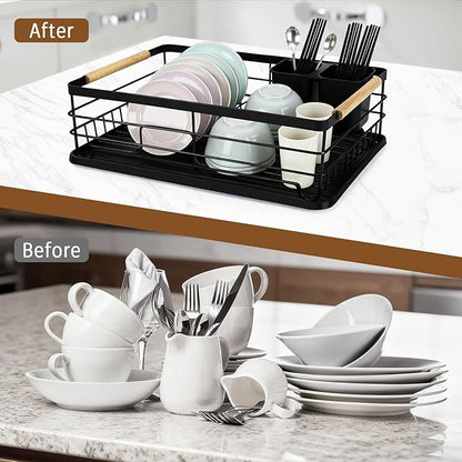 Dish Racks for Kitchen Counter, Thickened Metal Dish Drying Rack with Wooden Handles, Kitchen Countertop Organizer for Dishes, Spoons and Forks, No Assembly, Black, 16.7''*12.6''*5.12'' - Image 7