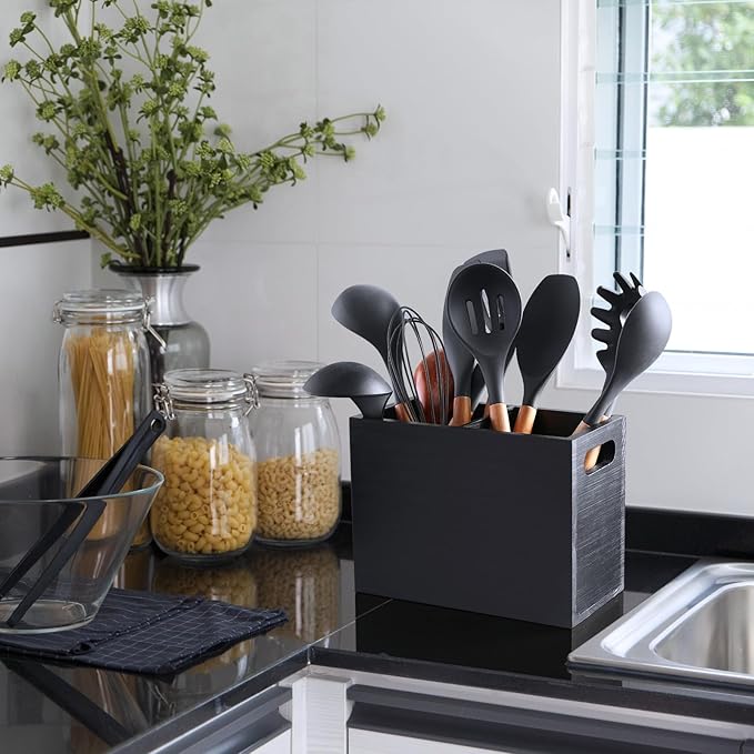 ALELION Black Utensil Holder for Kitchen Counter - 2 Compartment Large Utensil Caddy Organizer for Countertop - Kitchen Tool Holder for Spatula Ladles - Image 5