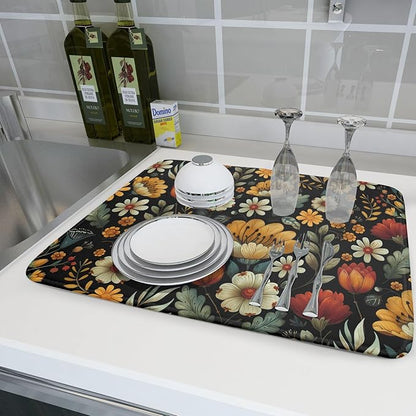Vintage Boho Floral Dish Drying Mat for Kitchen Counter,Yellow Beige Black Spring Flower Drying Mat 18 x 24 Inch with Absorbent Reversible Microfiber Drying Pad for Coffee Bar - Image 6