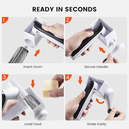 Rotary Cheese Grater Hand Crank - Heavy Duty Manual Shredder with 2 Stainless Steel Drums (Fine & Coarse), Non-Slip Handle, Dishwasher Safe for Parmesan, Chocolate, Nuts & Veggies