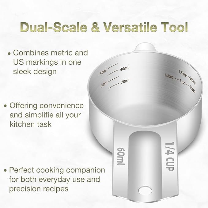 1PCS 1/4Cup (60ml, 2oz) Single Measuring Cup, Etched Inner Scale Stainless Steel Measure Scoop, Metric and US Measurement, Dishwasher Safe - Image 4