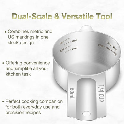 1PCS 1/4Cup (60ml, 2oz) Single Measuring Cup, Etched Inner Scale Stainless Steel Measure Scoop, Metric and US Measurement, Dishwasher Safe - Image 4