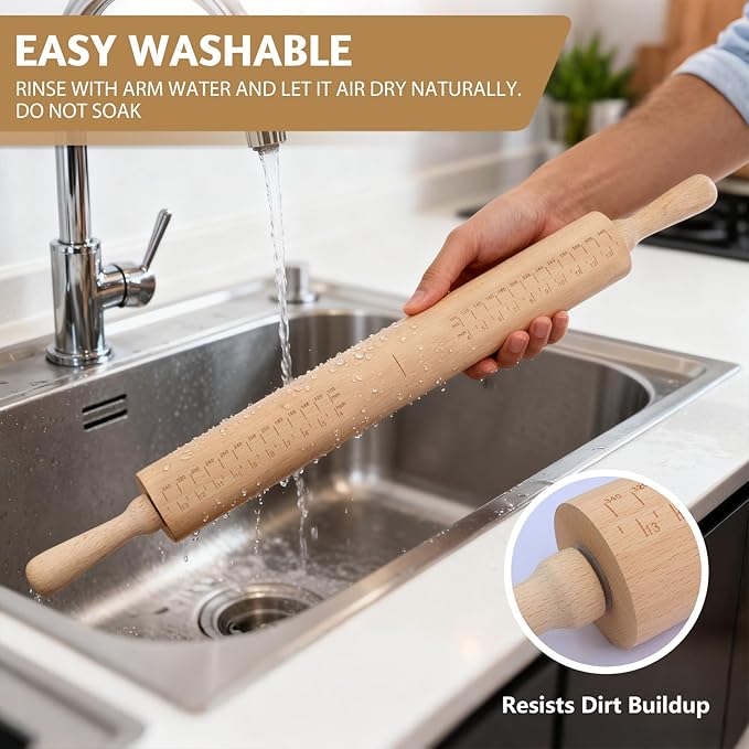 Long Adjustable Wood Rolling Pin: 21.1 Inch Rolling Pin with Thickness Rings and Measurement - Wooden Dough Roller for Baking Pastry Pizza Pie Crust Tortillas Cookie Bread - Bakers Baking Lovers - Image 5