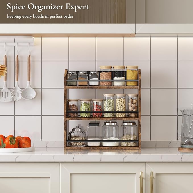 Spice Rack Wall Mounted, Wood 3 Tier Spice Rack for Countertop, Vertical Spice Organizer for Spice Jars and Seasonings, Hanging Spice Shelf for Kitchen Cabinet, or Pantry, Rustic Brown - Image 3
