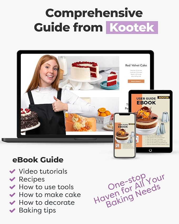 Kootek 71PCs Cake Decorating Kit, Baking Supplies Tools - Includes Cake Stand Turntable, 12 Icing Piping Tips Set, 2 Frosting Spatulas, 3 Scrapers, 50+2 Piping Bags, Coupler, Video Tutorial, Booklet - Image 4