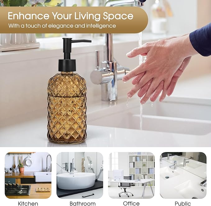 Topsky Gem Glass Soap Dispenser with Black Plastic Pump, 13oz Liquid Hand Soap Dispenser, Rustproof Pump for Kitchen & Bathroom, Great for Lotions, Essential Oil, Liquid Soaps-Amber - Image 5