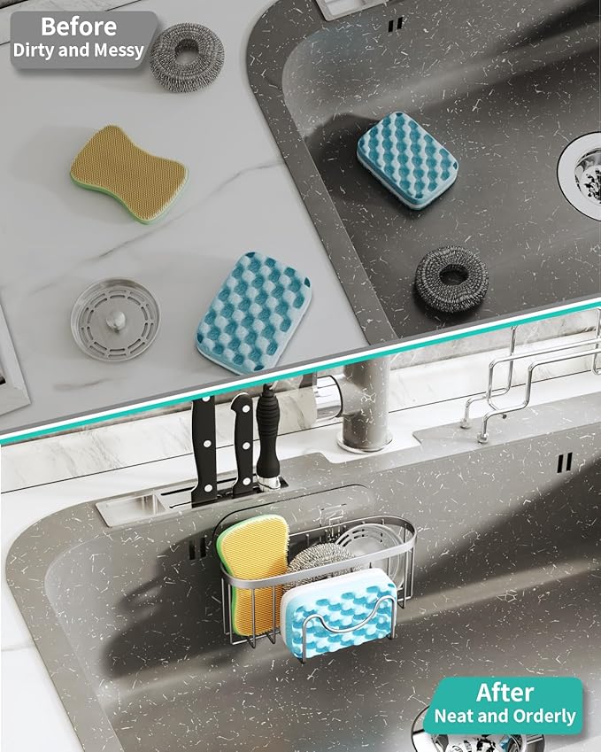 HapiRm Kitchen Sponge Holder for Sink - 2 Installation Methods Kitchen Sink Caddy Organizer with Unique M-Shaped, Rustproof Stainless Steel Sponge Caddy - Brushed Nickel (Large) - Image 7