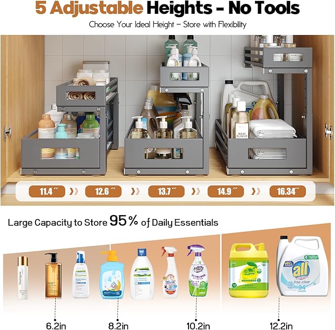 1-Pack Under Sink Organizers and Storage,2-Tier L Shape Pull Out Cabinet Organizer With Round Tube Slide Rails,Hight Adjustable Slide Out Drawers for Kitchen&Bathroom,Multi-Purpose Storage Shelf-Gray - Image 8