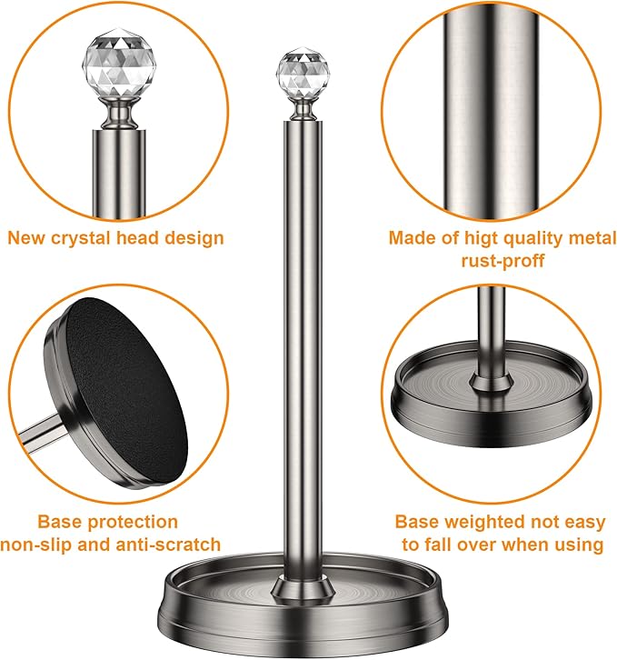 KASUNTO Paper Towel Holder with Crystal Ball - Steel Countertop Stand, Fits Standard & Jumbo Rolls, Brushed Nickel - Image 3