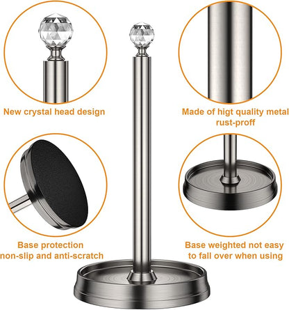 KASUNTO Paper Towel Holder with Crystal Ball - Steel Countertop Stand, Fits Standard & Jumbo Rolls, Brushed Nickel - Image 3