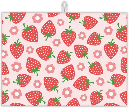 Pink Strawberry Dish Drying Rack Mat for Kitchen Counter,Cute Flowers Dish Drying Pad Absorbent Reversible Microfiber Protector for Coffee Bar Sink Countertops 18x24 Inch