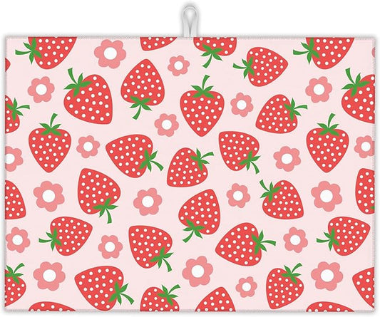 Pink Strawberry Dish Drying Rack Mat for Kitchen Counter,Cute Flowers Dish Drying Pad Absorbent Reversible Microfiber Protector for Coffee Bar Sink Countertops 18x24 Inch