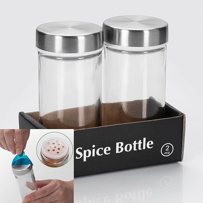 2 Pcs Glass Spice Jars/Bottles - 3oz Empty Round Spice Containers with Airtight Metal Caps with Shaker Lids (2, clear) - Image 2