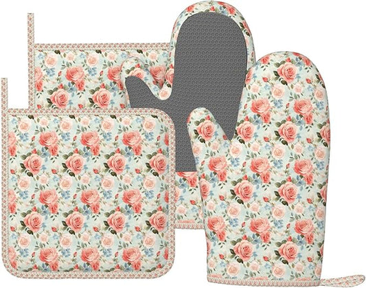 Oven Mitts and Pot Holders Rose Flower Vintage Botanical Silicone Kitchen Accessories Set of 4 Heat Resistant Long Gloves Potholder Non-Slip Grip for Chef Cooking Baking Grilling BBQ