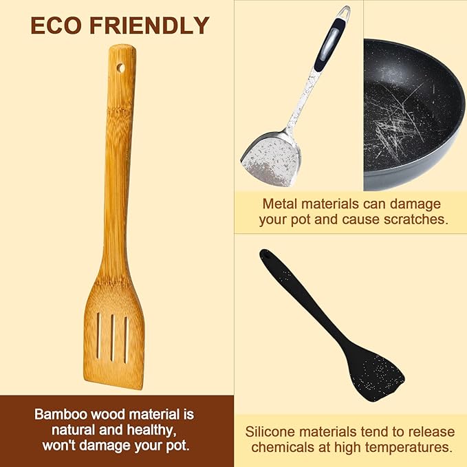 Eisinly Wooden Spoons for Cooking 7-Piece, Kitchen Nonstick Bamboo Cooking Utensils Set, Healthy Bamboo Wooden Spatula Spoon for Cooking - Image 6