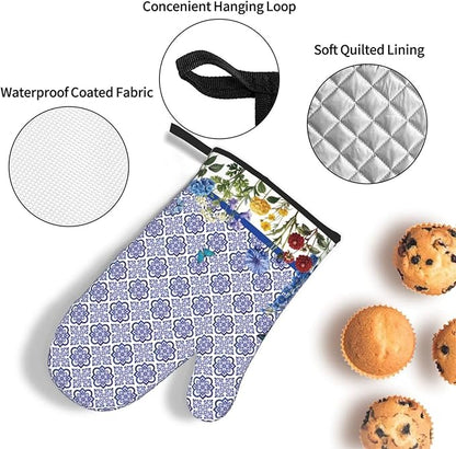 Blue Chinoiserie Oven Mitts Heat Resistant,Cute Floral Pot Holders and Kitchen Mitts, Heat Resistant Non-Slip Baking Golves Hot Pads for Cooking BBQ Grilling,Housewarming Gifts for Women Hostress