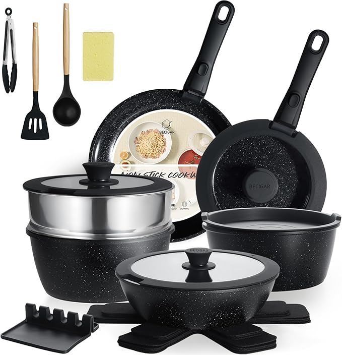 BECIGAR Nonstick Ceramic Cookware Set 21PCS with Detachable Handle, Pans and Pots Set, RV Kitchen Set Cookware Set, Pan Pots with Removable Handles, Oven Safe, Induction Ready(Black) by BecigarCookware