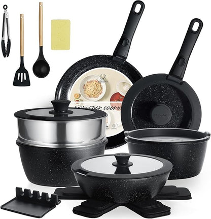 BECIGAR Nonstick Ceramic Cookware Set 21PCS with Detachable Handle, Pans and Pots Set, RV Kitchen Set Cookware Set, Pan Pots with Removable Handles, Oven Safe, Induction Ready(Black) by BecigarCookware