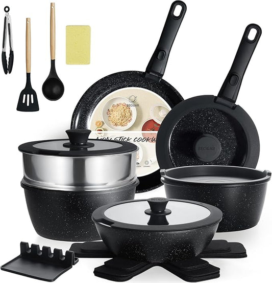 BECIGAR Nonstick Ceramic Cookware Set 21PCS with Detachable Handle, Pans and Pots Set, RV Kitchen Set Cookware Set, Pan Pots with Removable Handles, Oven Safe, Induction Ready(Black) by BecigarCookware