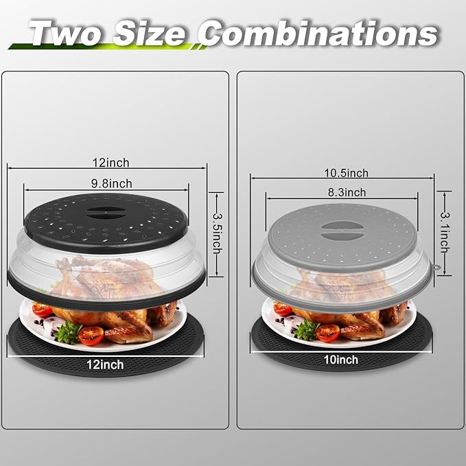 12" Microwave food Cover & Mat,Large Vented Collapsible Splatter Guard dish Plate lid & Silicone Round Kitchen mat - Image 2