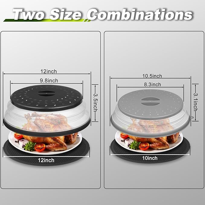 12"&10" Microwave food Cover and Mat,Large Vented Collapsible Splatter Guard dish Plate lid & Silicone Round Kitchen mat,4 in 1 - Image 5