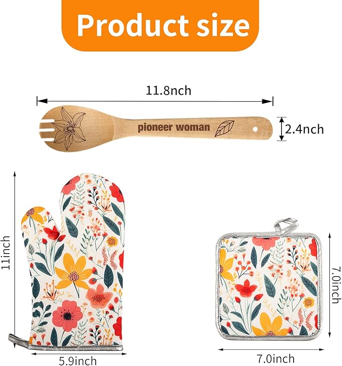 8 Pcs Kitchen Stuff Accessories Include 5 Cute Wooden Spoons & 1 Floral Kitchen Oven Mitts & 1 Pot Holders & 1 Kitchen Apron,Gifts for Women