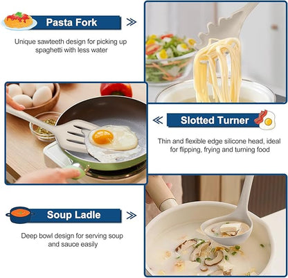 TeamFar Silicone Cooking Utensils, 7 PCS Heat Proof Kitchen Utensils Set, Kitchen Tools Spatula Turner Ladle Spoon Pasta Fork for Nonstick Cookware, Non-Toxic & Dishwasher Safe, Khaki - Image 5