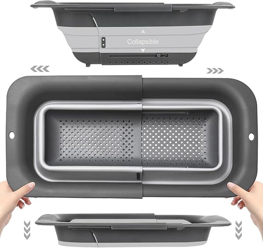 ROTTOGOON Collapsible Colander Strainer, Expandable Over the Sink Colander for Kitchen, Adjustable Silicone Sink Strainer, Foldable Large Colanders Basket to Wash Vegetable, Fruit, 15" to 19.8", Gray