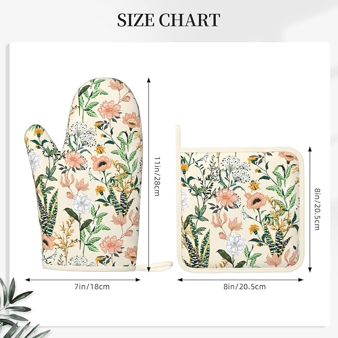 Floral Silicone Oven Mitts Pan Mats Set of 2, Heat Resistant Gloves Potholder with Non-Slip Grips Hanging Loops Pot Holder, Spring Summer for Chef Cooking, Baking, Grilling, BBQ