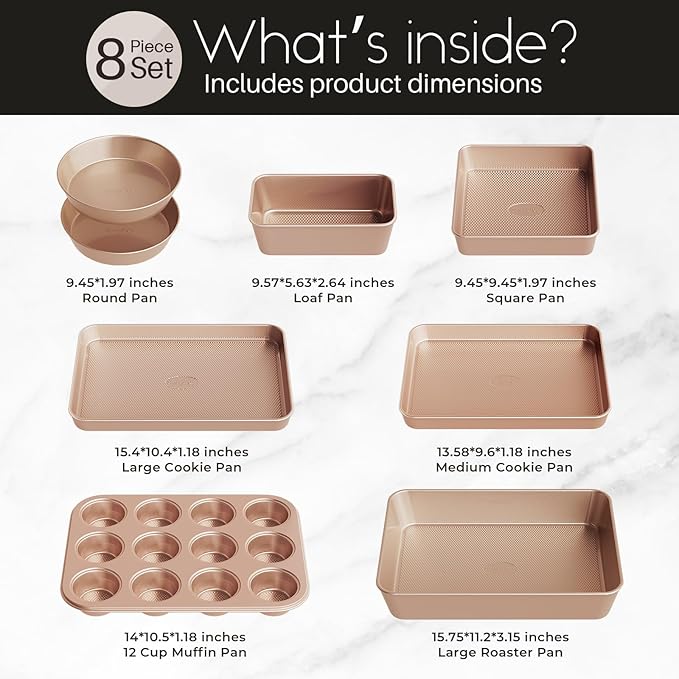 Baking Pans Set 8-Piece Bakeware Sets, Baking Sets for Cooking Nonstick Oven Pan Set, Baking Sheet Set, Cookie Sheets for Baking, Muffin Pan, Cookie Sheets (Ceramic Coated Gold) - Image 7