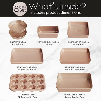 Baking Pans Set 8-Piece Bakeware Sets, Baking Sets for Cooking Nonstick Oven Pan Set, Baking Sheet Set, Cookie Sheets for Baking, Muffin Pan, Cookie Sheets (Ceramic Coated Gold) - Image 7