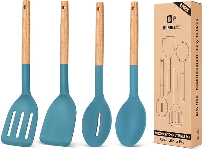 Pack of 4 Silicone Cooking Utensils Set, Non Stick Solid Spatulas and Heat Resistant Slotted Spoons with Wooden Handle, Ideal Wood Kitchen Utensils Set for Frying,Serving,Turning,Stirring (BLUE) by BUNDLEPRO