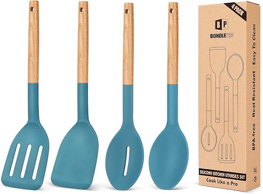 Pack of 4 Silicone Cooking Utensils Set, Non Stick Solid Spatulas and Heat Resistant Slotted Spoons with Wooden Handle, Ideal Wood Kitchen Utensils Set for Frying,Serving,Turning,Stirring (BLUE) by BUNDLEPRO
