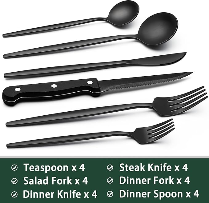 EWFEN 24-Piece Black Silverware Set with Steak Knives, Black Flatware Set for 4, Food-Grade Stainless Steel Tableware Cutlery Set, Mirror Finished Utensil Sets for Home Restaurant, Long Edge - Image 2