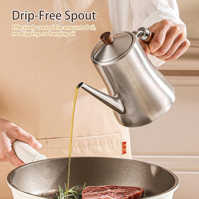 18/8 Stainless Steel Olive Oil Dispenser 500ml/16.9oz Drip-Free Pouring Oil Pot Storage Container Wooden Handle