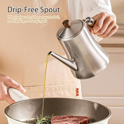 18/8 Stainless Steel Olive Oil Dispenser 1200ml/40.5oz Drip-Free Pouring Oil Pot Storage Container Wooden Handle