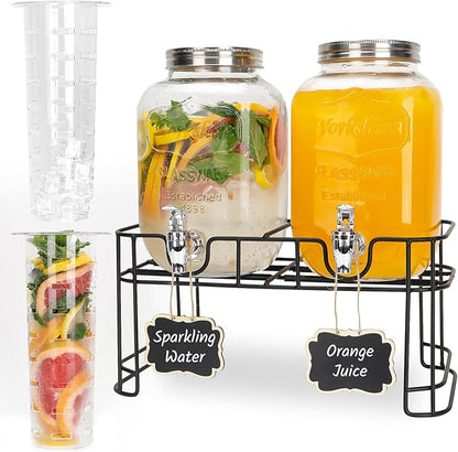 Glass Drink Dispensers For Parties, 2 PACK 1 Gallon Beverage Dispenser With Stand And Spigot Leak proof. Lemonade Dispenser With Ice Cylinder and Chalk board by Betrome
