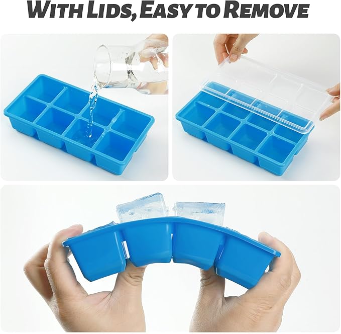 Large Ice Cube Trays with Lid, Jrisbo 2 Pack Stackable Silicone Ice Cube Molds for Freezer, Easy Release 16 Big Square Ice Trays for Whisky Cocktails (Pure Blue) - Image 3